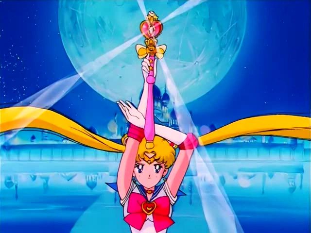 Sailor Moon (Usagi Tsukino) using her Spiral Heart Moon Rod